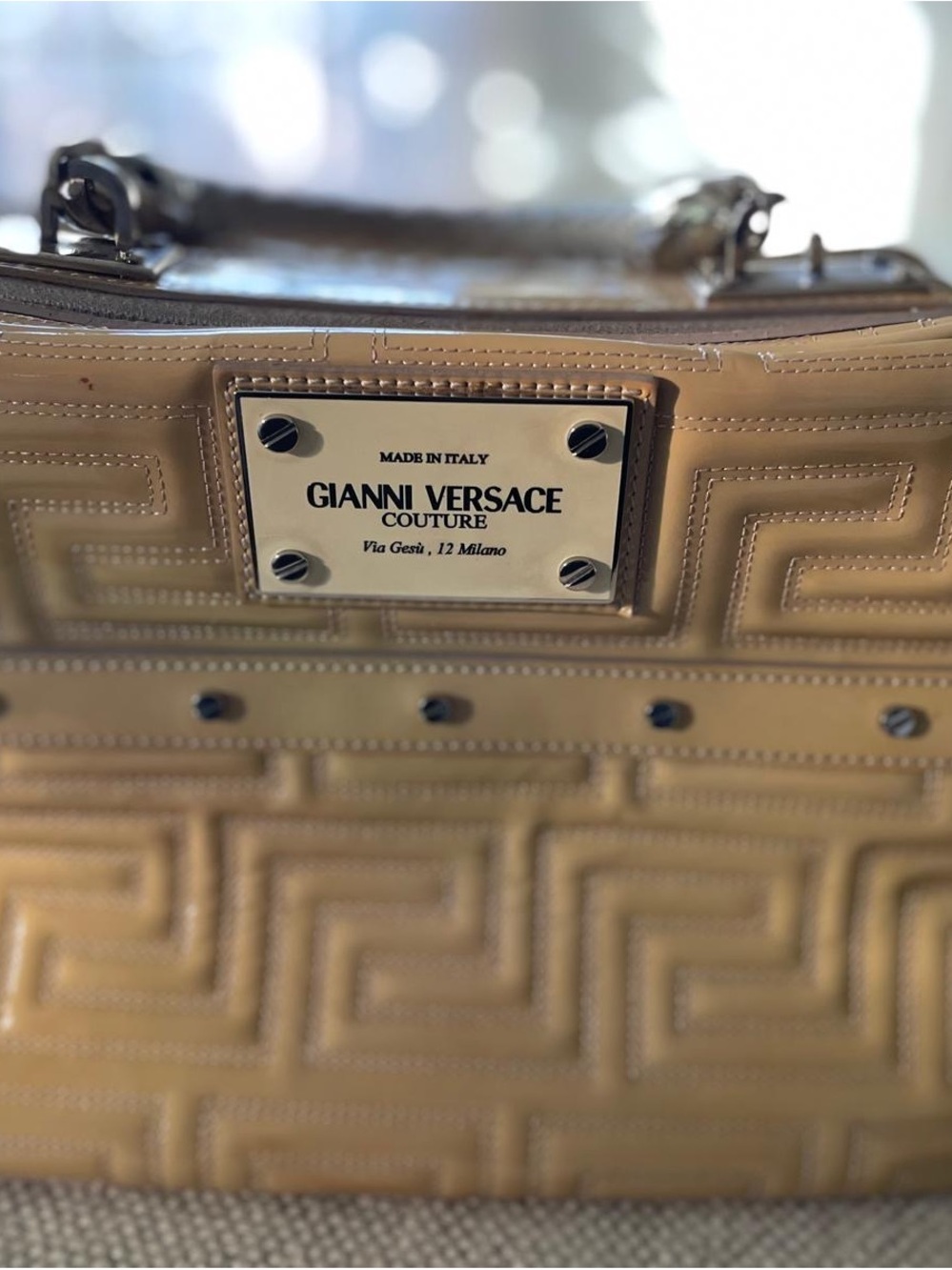 Versace Beige Patent Leather Logo Plaque Shoulder Bag